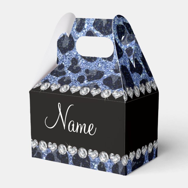Custom name light blue glitter leopard print favor boxes (Front Side)