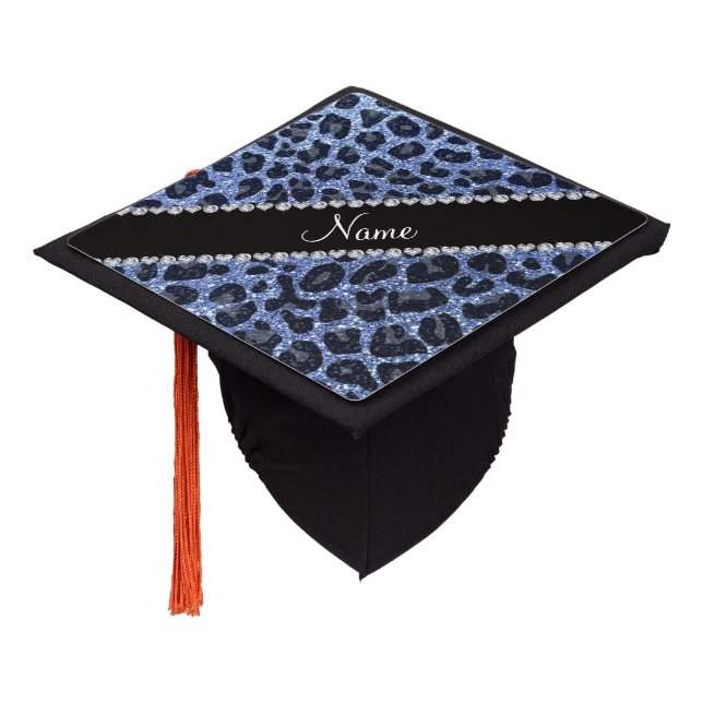 Custom name light blue glitter leopard print graduation cap topper (Angled)