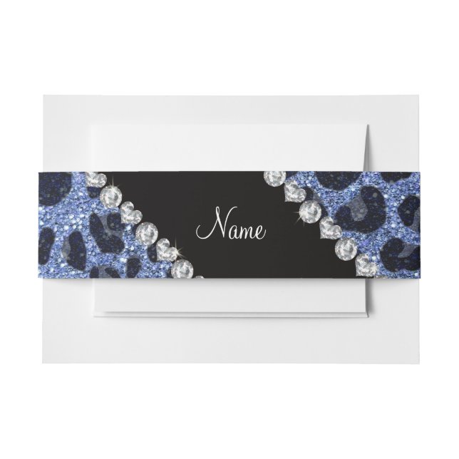 Custom name light blue glitter leopard print invitation belly band (Front Example)
