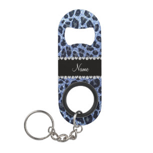 Custom name light blue glitter leopard print keychain bottle opener