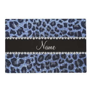 Custom name light blue glitter leopard print placemat