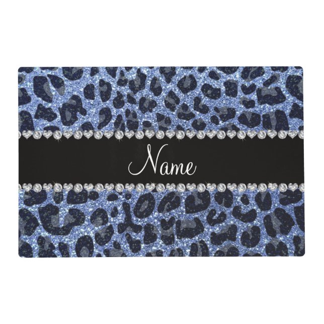 Custom name light blue glitter leopard print placemat (Front)