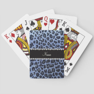 Custom name light blue glitter leopard print poker cards
