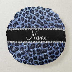 Custom name light blue glitter leopard print round pillow