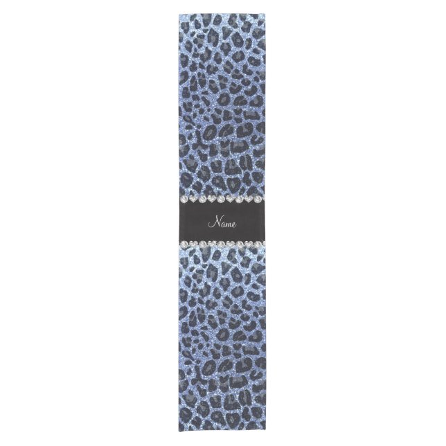 Custom name light blue glitter leopard print short table runner (Front)