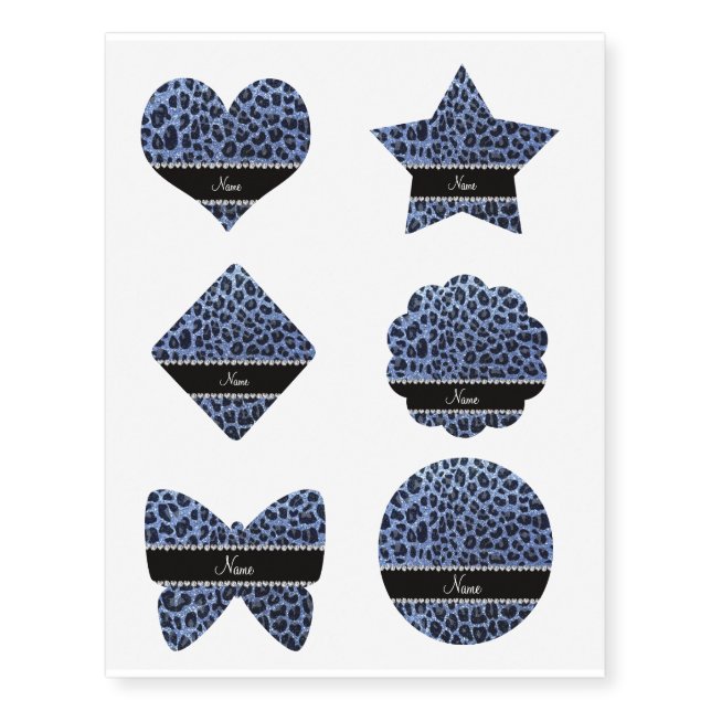 Custom name light blue glitter leopard print temporary tattoos (Front)