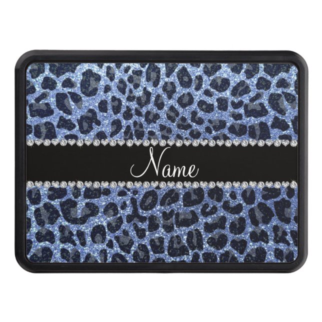 Custom name light blue glitter leopard print tow hitch cover (Front)