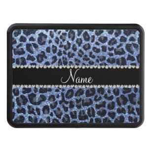 Custom name light blue glitter leopard print tow hitch cover