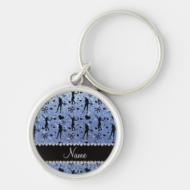 Custom name light blue glitter tennis hearts bows keychain (Front)