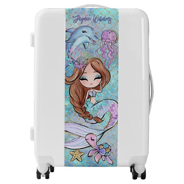 Custom Name Light Brown Hair Mermaid Kids Luggage (Front)
