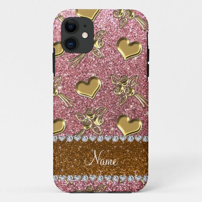 Custom name light pink glitter gold roses hearts Case-Mate iPhone case (Back)