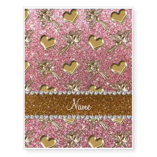 Custom name light pink glitter gold roses hearts temporary tattoos