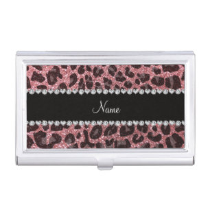 Custom name light pink glitter leopard print business card holder