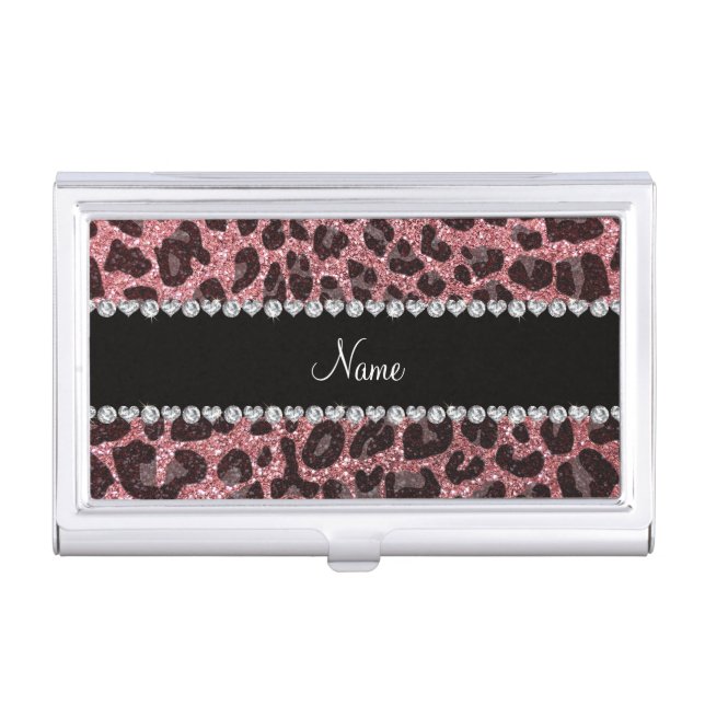 Custom name light pink glitter leopard print business card holder (Front)