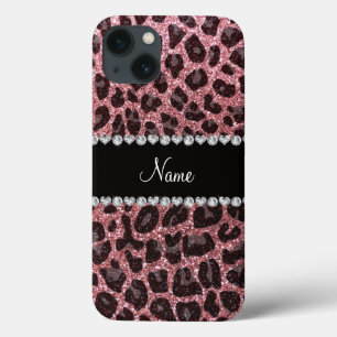 Custom name light pink glitter leopard print iPhone 13 case