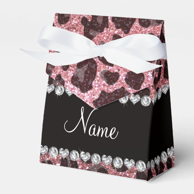 Custom name light pink glitter leopard print favor boxes (Front Side)