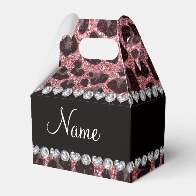 Custom name light pink glitter leopard print favor boxes (Front Side)