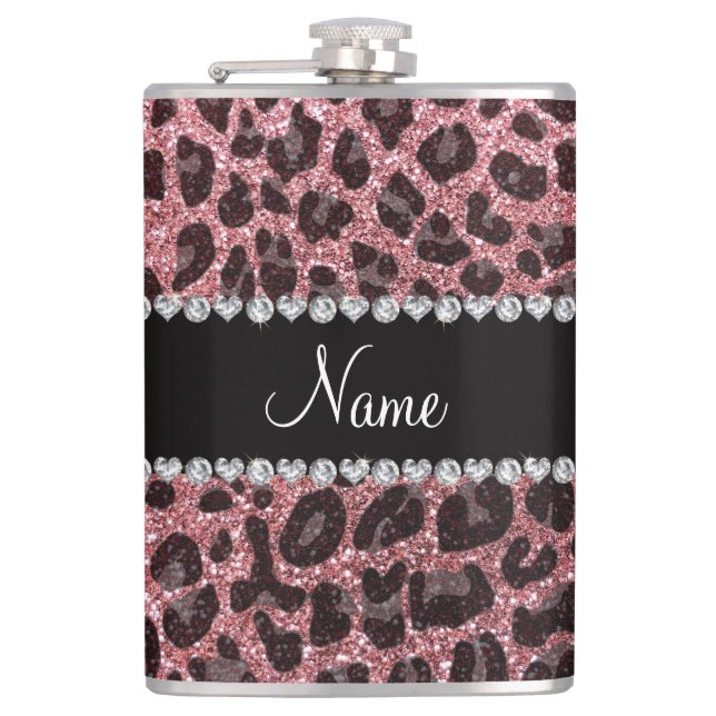 Custom name light pink glitter leopard print hip flask (Front)