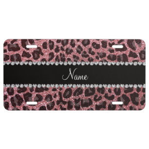 Custom name light pink glitter leopard print license plate