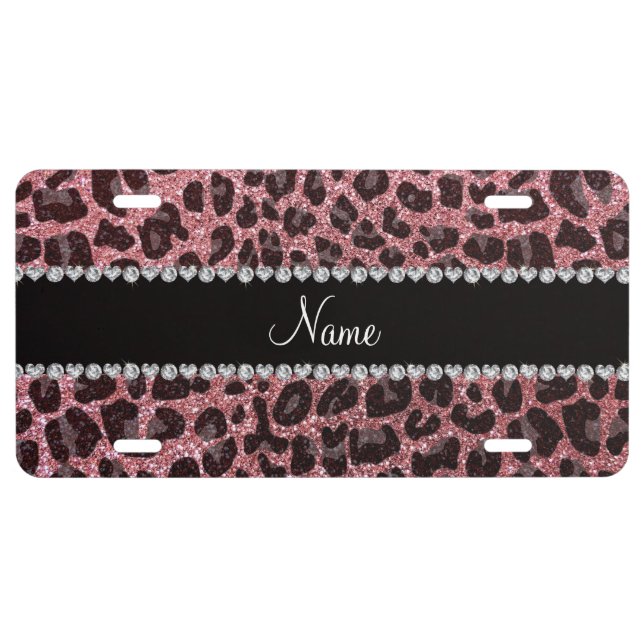 Custom name light pink glitter leopard print license plate (Front)