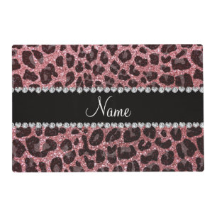 Custom name light pink glitter leopard print placemat