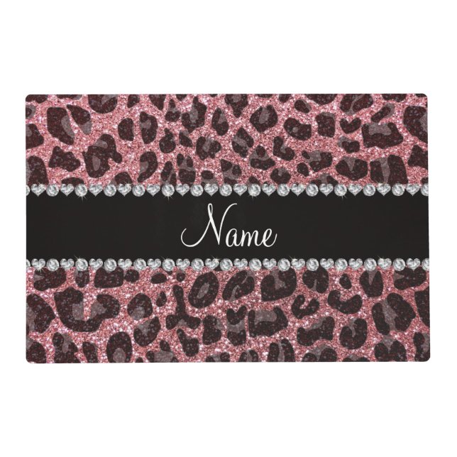 Custom name light pink glitter leopard print placemat (Front)