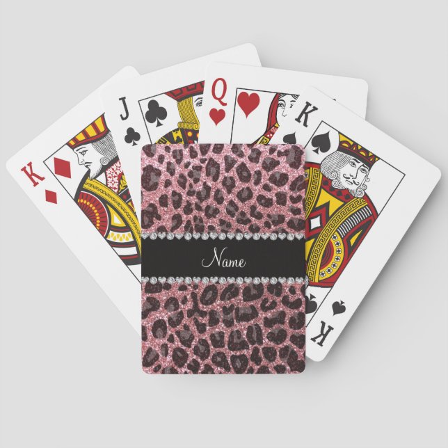 Custom name light pink glitter leopard print poker cards (Back)
