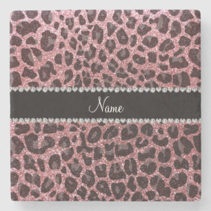 Custom name light pink glitter leopard print stone coaster