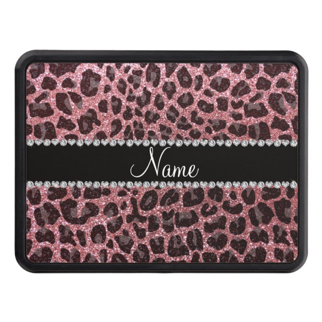 Custom name light pink glitter leopard print tow hitch cover (Front)