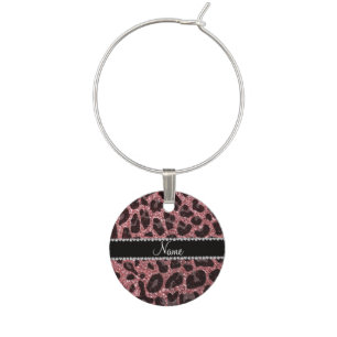 Custom name light pink glitter leopard print wine glass charm