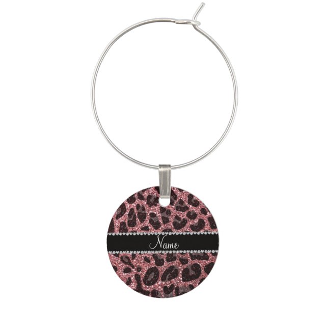 Custom name light pink glitter leopard print wine glass charm (Front)