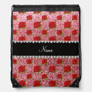 Custom name light pink glitter roses drawstring bag