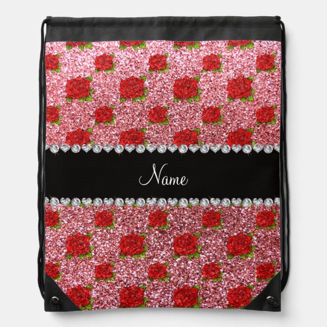 Custom name light pink glitter roses drawstring bag (Front)