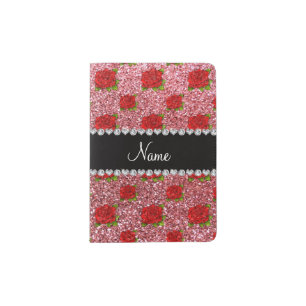 Custom name light pink glitter roses passport holder