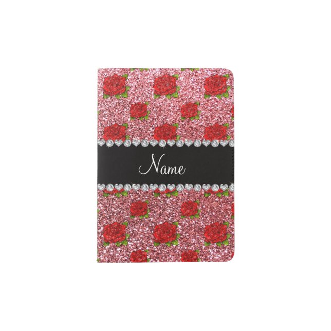 Custom name light pink glitter roses passport holder (Front)