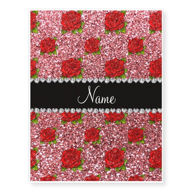 Custom name light pink glitter roses temporary tattoos (Front)