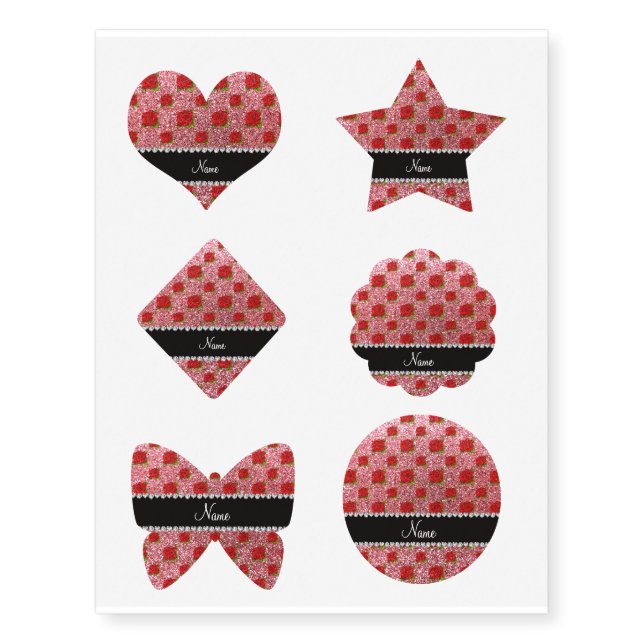 Custom name light pink glitter roses temporary tattoos (Front)