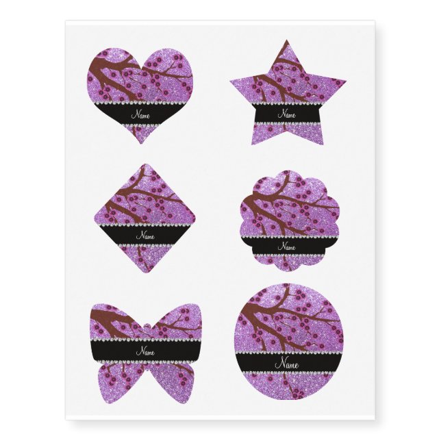 Custom name light purple glitter cherry blossoms temporary tattoos (Front)