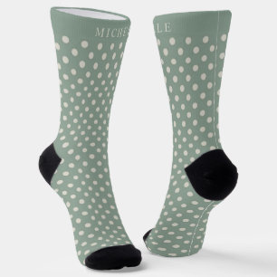 Custom Name Light sage Green White Polka Dot Socks
