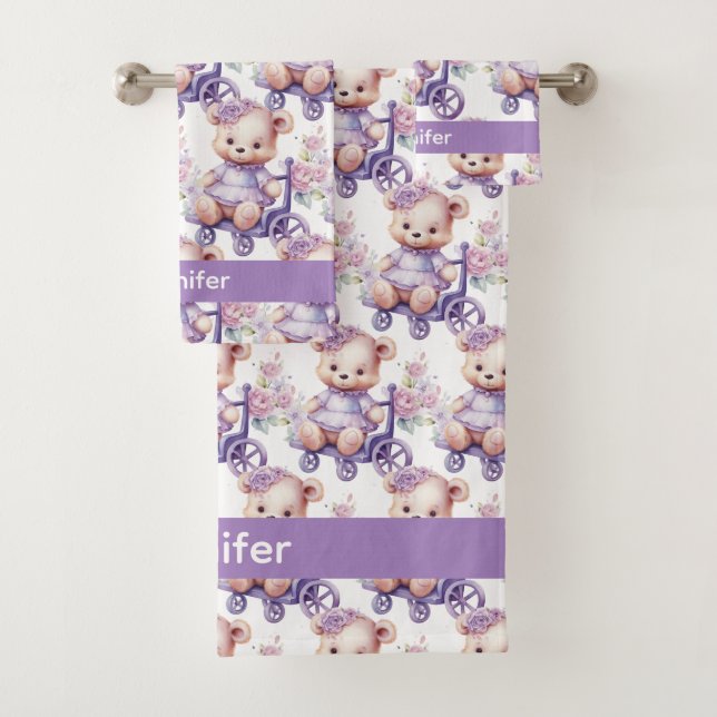 Custom Name Lilac Teddy Bear Girl's Bath Towel Set (Insitu)