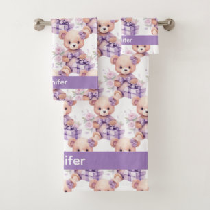 Custom Name Lilac Teddy Bear Girl's Bath Towel Set