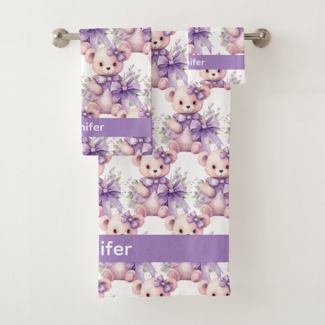 Custom Name Lilac Teddy Bear Girl's Bath Towel Set (Insitu)