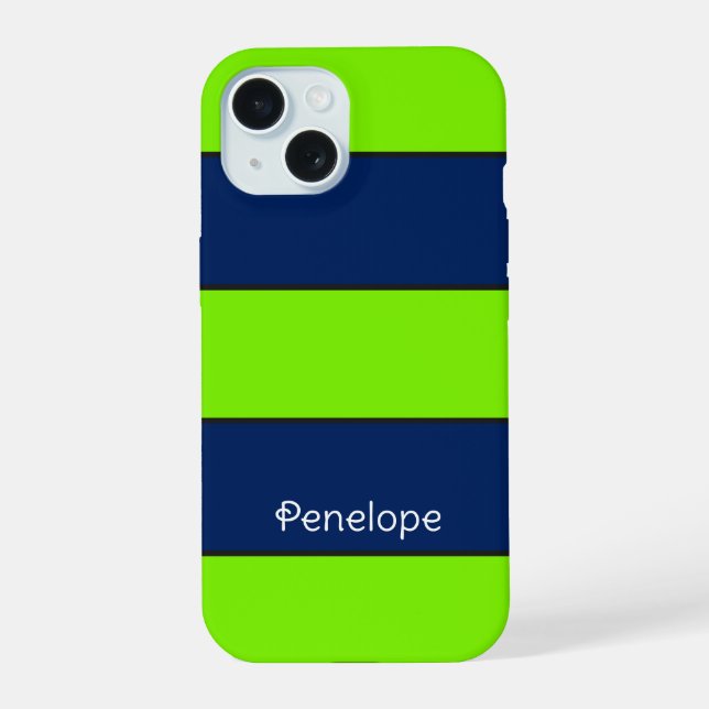 Custom Name Lime Green Dark Blue Stripes Iphone Case (Back)