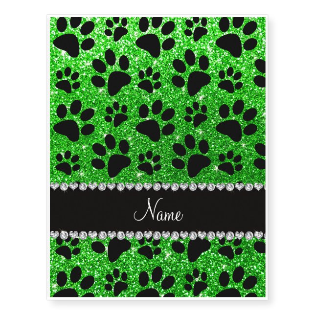 Custom name lime green glitter black dog paws temporary tattoos (Front)