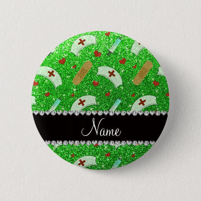 Custom name lime green glitter nurse hats heart pinback button (Front)