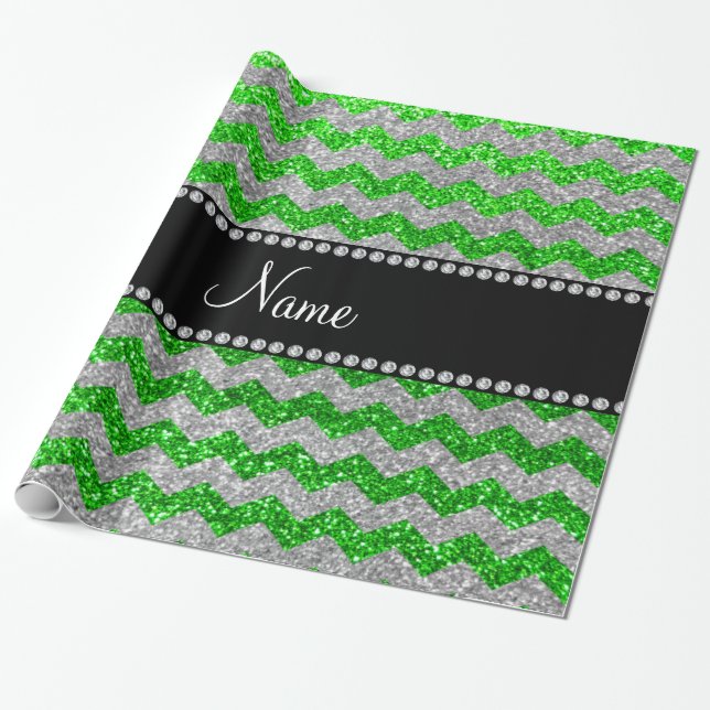 Custom name lime green silver glitter chevrons wrapping paper (Unrolled)