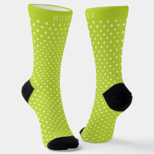 Custom Name Lime Light Green White Polka Dot Socks