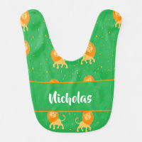 Custom name lions on green baby bib