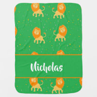 Custom name lions on green baby blanket