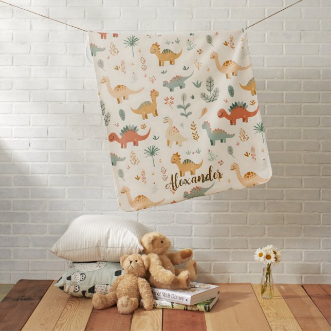 Custom Name Little Dinosaurs Beige Neutral Tones Baby Blanket (In Situ)